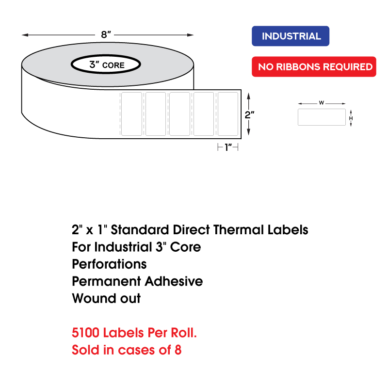 2" x 1" Standard Direct Thermal Labels on 3" Core, Perforations, Wound Out, Permanent Adhesive (5100 Labels Per Roll) 2" x 1" Standard Direct Thermal Labels on 3" Core, Perforations, Wound Out, Permanent Adhesive (5100 Labels Per Roll) - Image 2