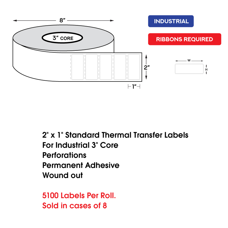 2" x 1" Standard Thermal Transfer Labels on 3" Core, Perforations, Wound Out, Permanent Adhesive (5100 Labels Per Roll) 2" x 1" Standard Thermal Transfer Labels on 3" Core, Perforations, Wound Out, Permanent Adhesive (5100 Labels Per Roll) - Image 2