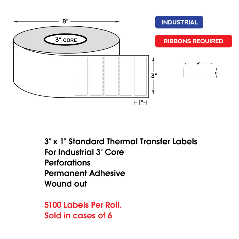 3" x 1" Standard Thermal Transfer Labels on 3" Core, Perforations, Wound Out, Permanent Adhesive (5100 Labels Per Roll) 3" x 1" Standard Thermal Transfer Labels on 3" Core, Perforations, Wound Out, Permanent Adhesive (5100 Labels Per Roll) - Image 2