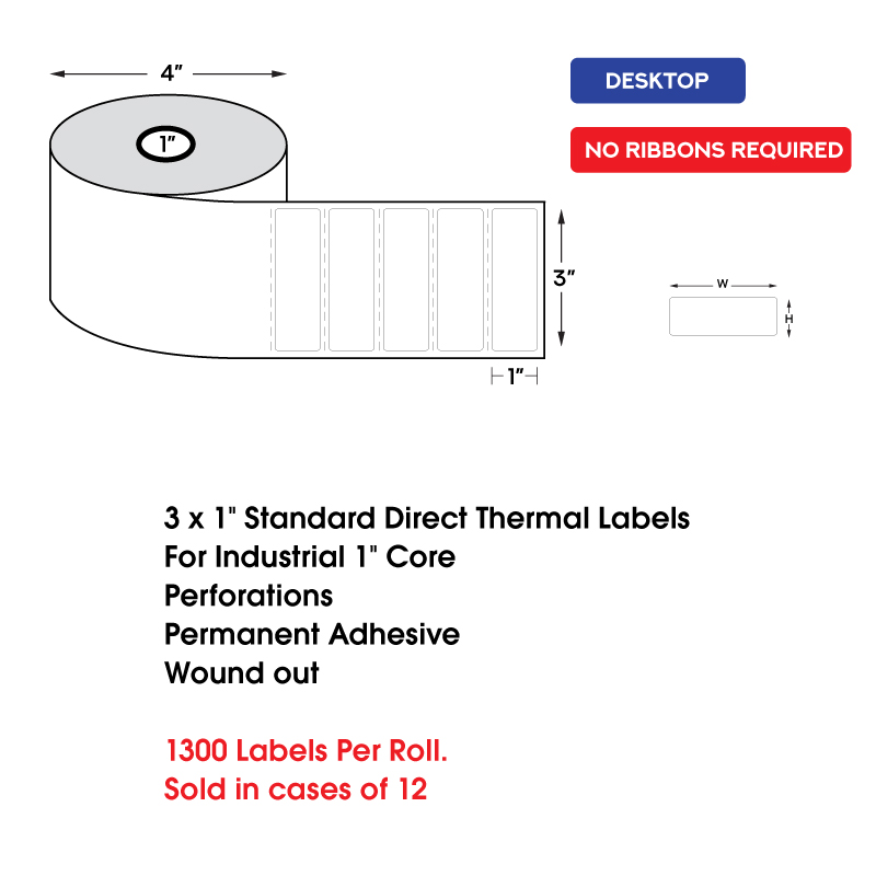 3" x 1" Standard Direct Thermal Labels on 1" Core, Perforations, Wound Out, Permanent Adhesive (1300 Labels Per Roll) 3" x 1" Standard Direct Thermal Labels on 1" Core, Perforations, Wound Out, Permanent Adhesive (1300 Labels Per Roll) - Image 2