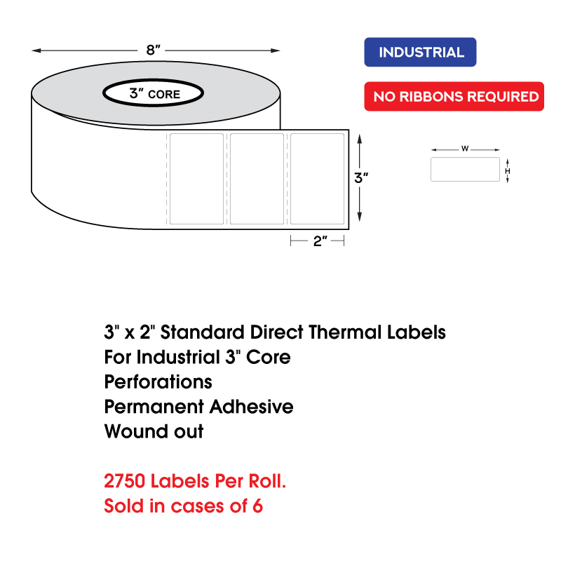 3" x 2" Standard Direct Thermal Labels on 3" Core, Perforations, Wound Out, Permanent Adhesive (2750 Labels Per Roll) 3" x 2" Standard Direct Thermal Labels on 3" Core, Perforations, Wound Out, Permanent Adhesive (2750 Labels Per Roll) - Image 2