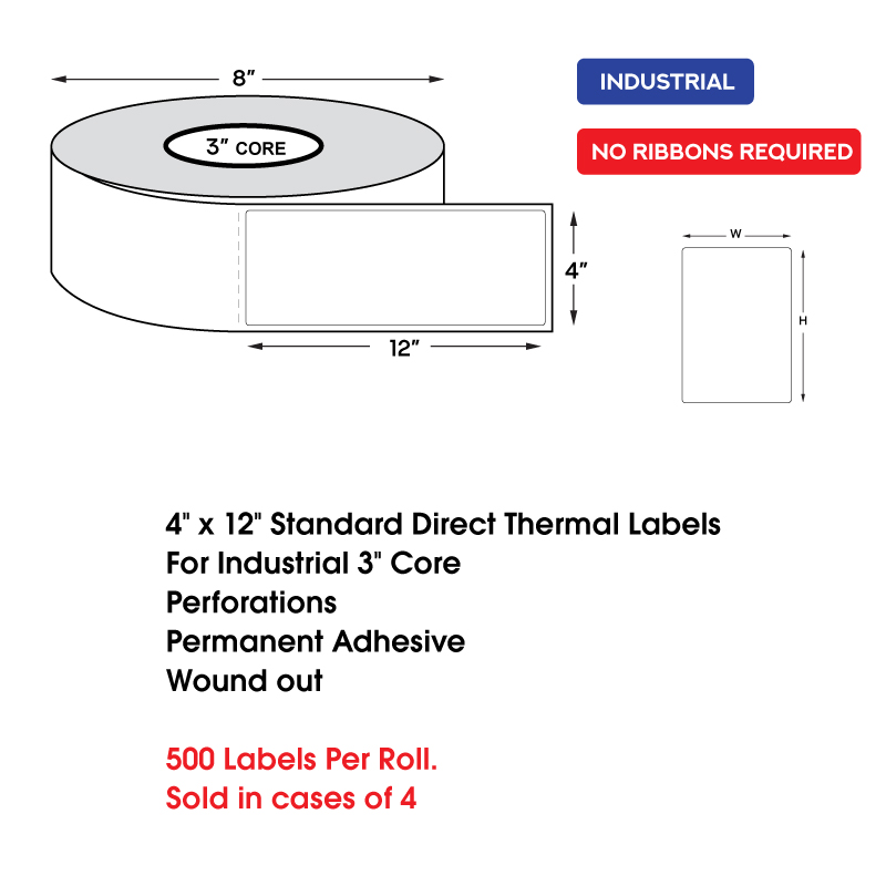 4" x 12" Standard Direct Thermal Labels on 3" Core, Perforations, Wound Out, Permanent Adhesive (500 Labels Per Roll) 4" x 12" Standard Direct Thermal Labels on 3" Core, Perforations, Wound Out, Permanent Adhesive (500 Labels Per Roll) - Image 2