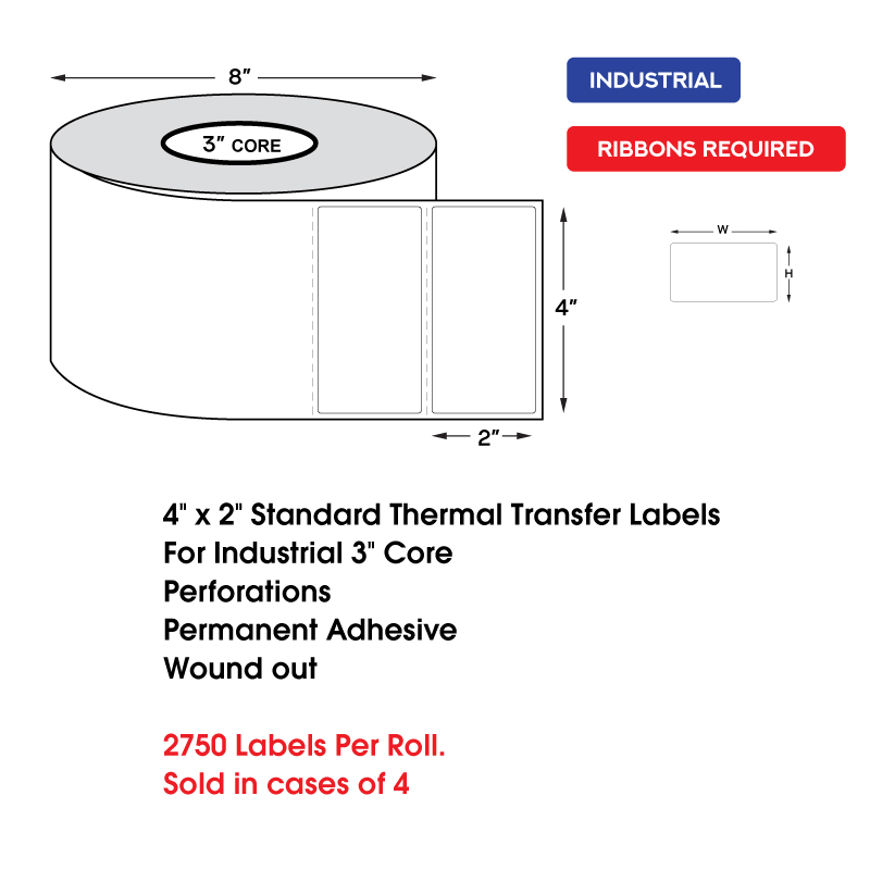 4" x 2" Standard Thermal Transfer Labels on 3" Core, Perforations, Wound Out, Permanent Adhesive (2750 Labels Per Roll) 4" x 2" Standard Thermal Transfer Labels on 3" Core, Perforations, Wound Out, Permanent Adhesive (2750 Labels Per Roll) - Image 2