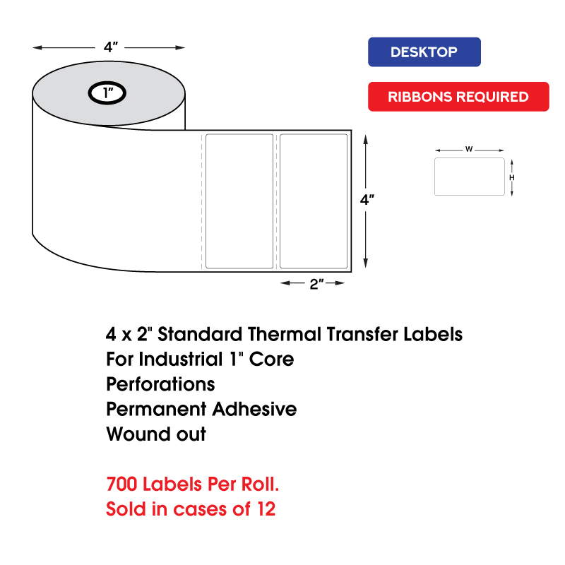 4" x 2" Standard Thermal Transfer Labels on 1" Core, Perforations, Wound Out, Permanent Adhesive (700 Labels Per Roll) 4" x 2" Standard Thermal Transfer Labels on 1" Core, Perforations, Wound Out, Permanent Adhesive (700 Labels Per Roll) - Image 2