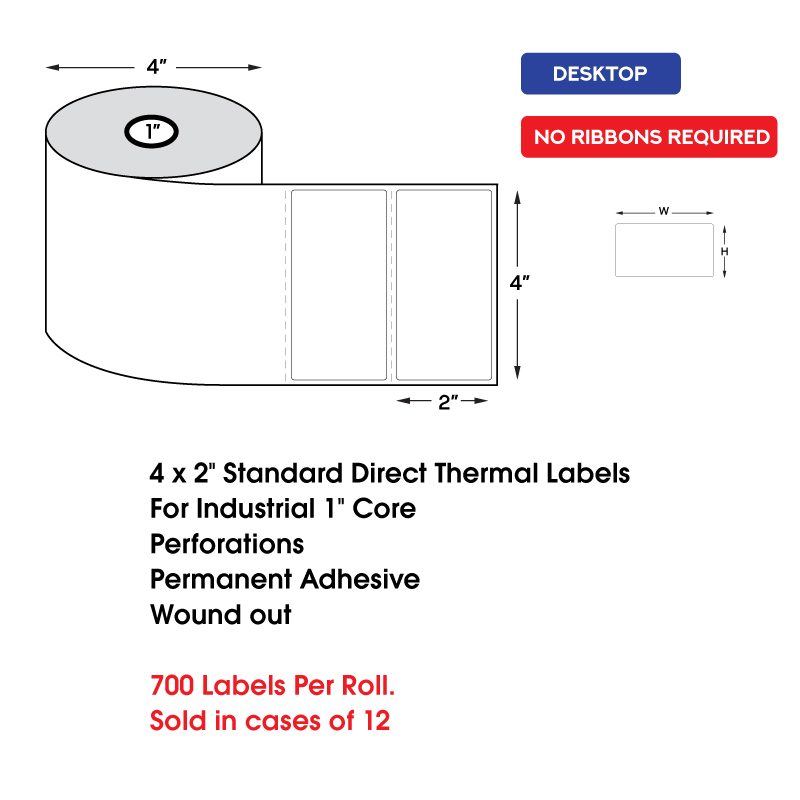 4" x 2" Standard Direct Thermal Labels on 1" Core, Perforations, Wound Out, Permanent Adhesive (700 Labels Per Roll) 4" x 2" Standard Direct Thermal Labels on 1" Core, Perforations, Wound Out, Permanent Adhesive (700 Labels Per Roll) - Image 2