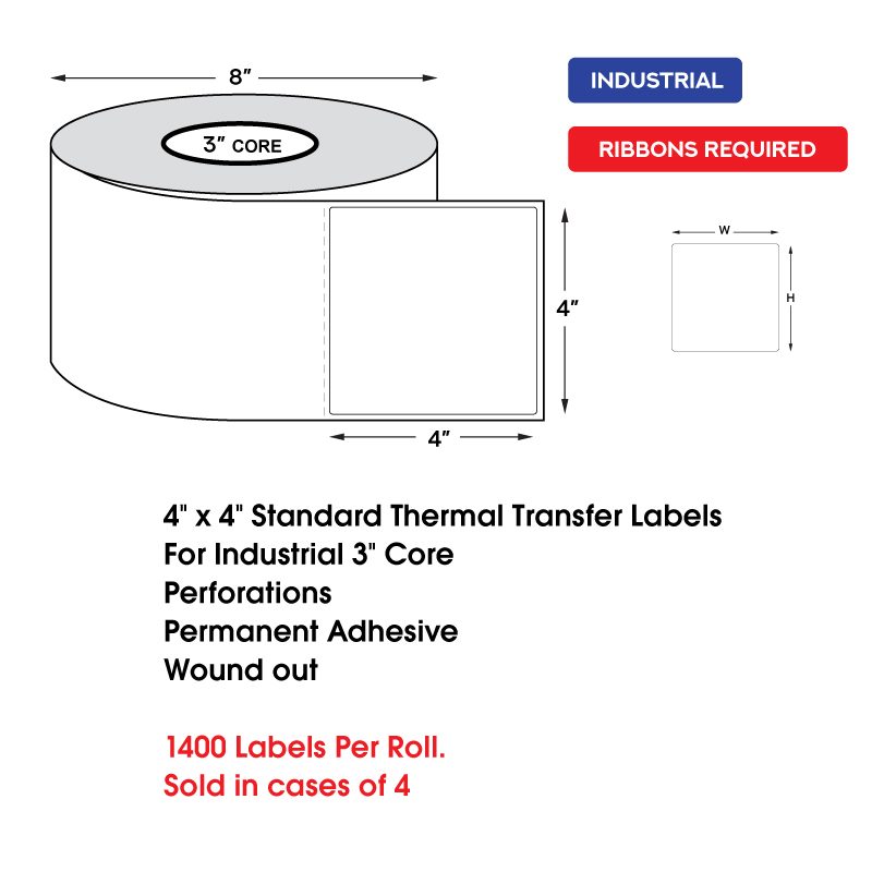 4" x 4" Standard Thermal Transfer Labels on 3" Core, Perforations, Wound Out, Permanent Adhesive (1400 Labels Per Roll) 4" x 4" Standard Thermal Transfer Labels on 3" Core, Perforations, Wound Out, Permanent Adhesive (1400 Labels Per Roll) - Image 2
