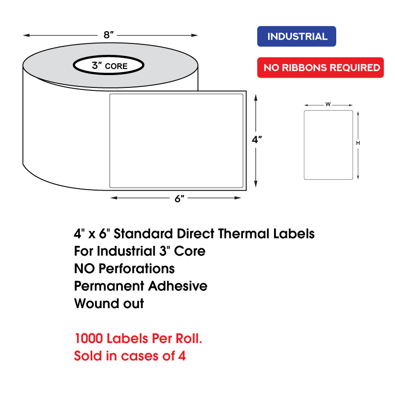 4" x 6" Standard Direct Thermal Labels on 3" Core, NO Perforations, Wound Out, Permanent Adhesive (1000 Labels Per Roll) 4" x 6" Standard Direct Thermal Labels on 3" Core, NO Perforations, Wound Out, Permanent Adhesive (1000 Labels Per Roll) - Image 2