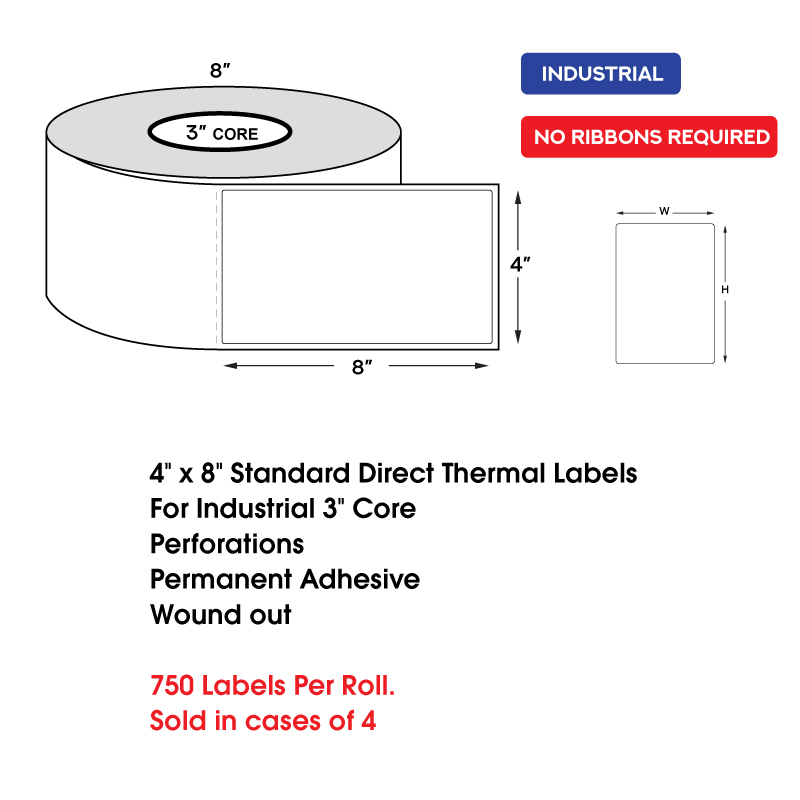 4" x 8" Standard Direct Thermal Labels on 3" Core, Perforations, Wound Out, Permanent Adhesive (750 Labels Per Roll) 4" x 8" Standard Direct Thermal Labels on 3" Core, Perforations, Wound Out, Permanent Adhesive (750 Labels Per Roll) - Image 2