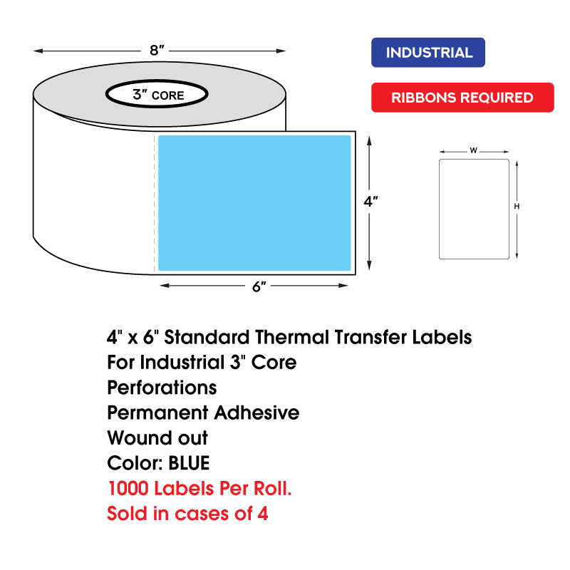 4" x 6" Standard Thermal Transfer Labels on 3" Core, Perforations, Wound Out, Permanent Adhesive, COLOR: BLUE (1000 Labels Per Roll) 4" x 6" Standard Thermal Transfer Labels on 3" Core, Perforations, Wound Out, Permanent Adhesive, COLOR: BLUE (1000 Labels Per Roll) - Image 2