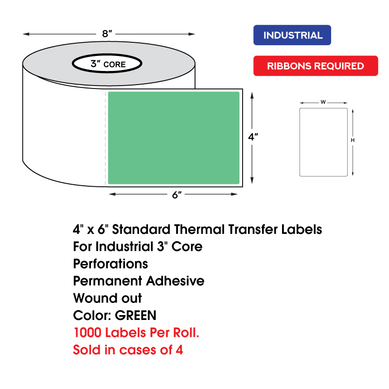 4" x 6" Standard Thermal Transfer Labels on 3" Core, Perforations, Wound Out, Permanent Adhesive, COLOR: GREEN (1000 Labels Per Roll) 4" x 6" Standard Thermal Transfer Labels on 3" Core, Perforations, Wound Out, Permanent Adhesive, COLOR: GREEN (1000 Labels Per Roll) - Image 2
